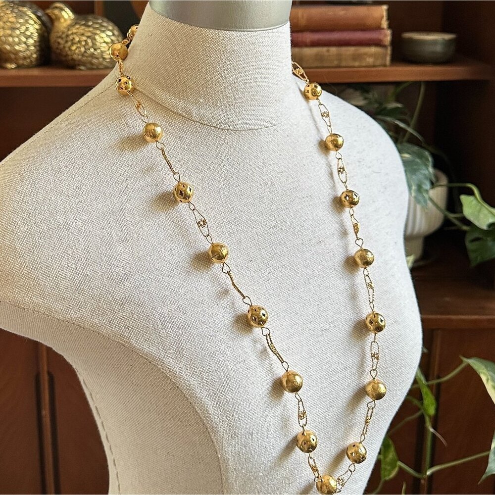 Vintage Gold-Tone Long Chain Necklace With Hollow Filigree & Solid Beads 32 Inch